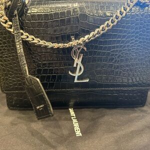 Yves Saint Laurent Medium Sunset Croc Embossed Crossbody, Black
